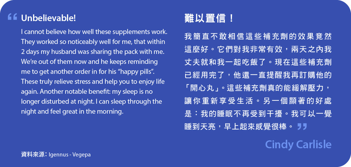 難以置信！我簡直不敢相信MindCare Balance的效果竟然這麼好。它們對我非常有效，兩天之內我丈夫就和我一起吃飯了。現在這些補充劑已經用完了，他還一直提醒我再訂購他的「開心丸」。這些補充劑真的能緩解壓力，讓你重新享受生活。另一個顯著的好處是：我的睡眠不再受到干擾。我可以一覺睡到天亮，早上起來感覺很棒。