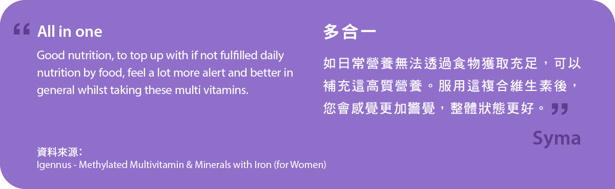 如日常營養無法透過食物獲取充足，可以補充這高質營養。服用甲基化複合維生素及含鐵礦物質 (女士配方)後，您會感覺更加警覺，整體狀態更好。