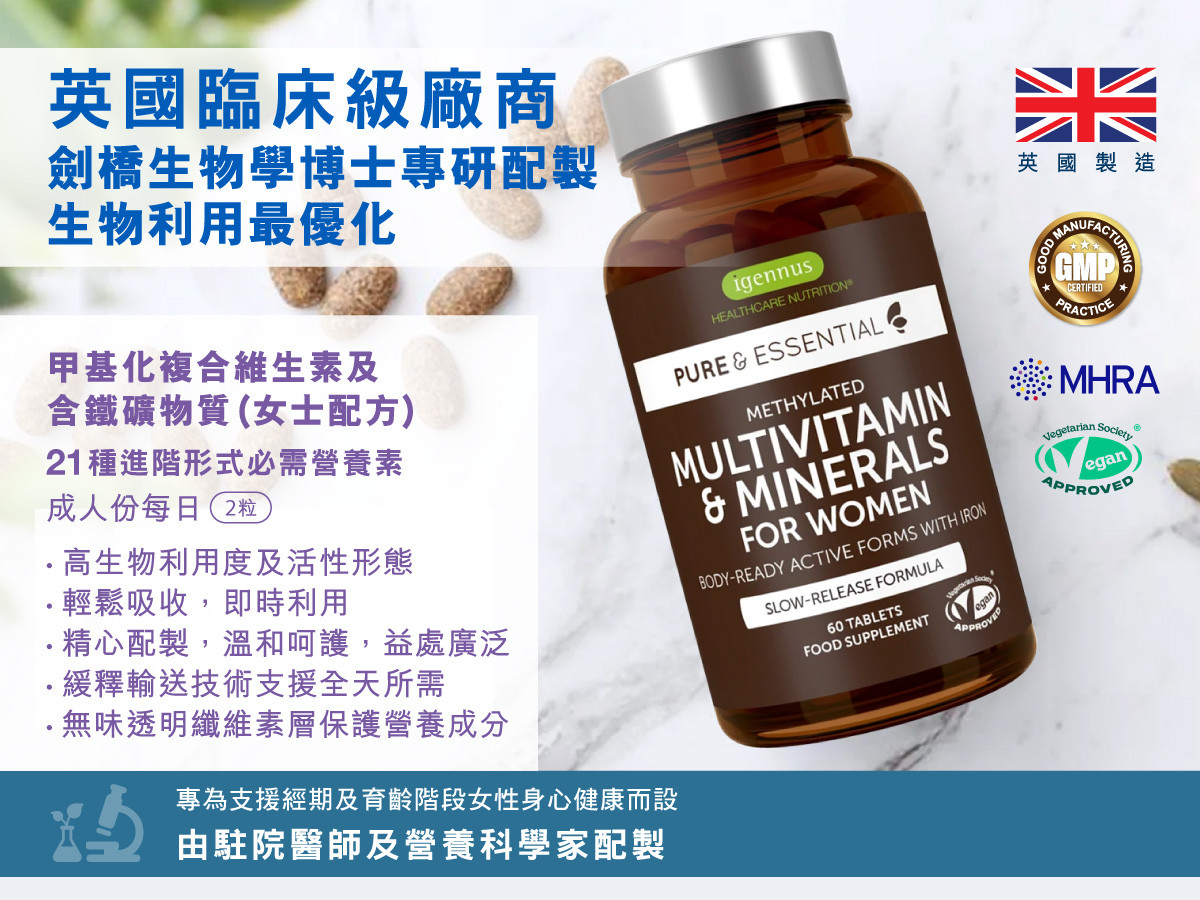Methylated Multivitamin & Minerals with Iron (for Women) 英國臨床級廠商，劍橋大學生物學博士專研配製，生物利用率最優化。專為支援經期及育齡階段女性身心健康而設