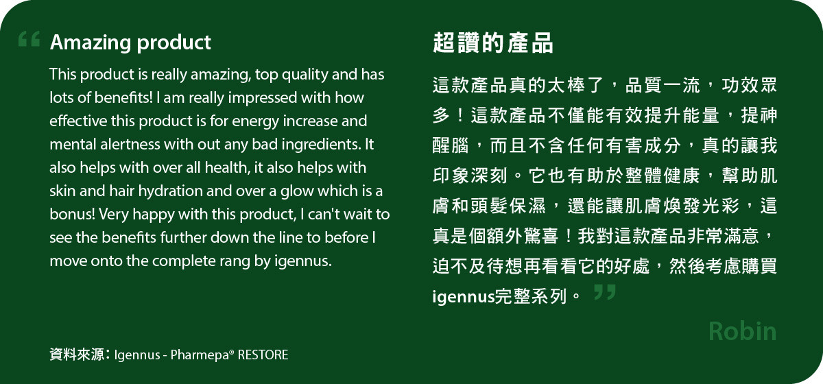 Pharmepa RESTORE真的太棒了，品質一流，功效眾多！這款產品不僅能有效提升能量，提神醒腦，而且不含任何有害成分，真的讓我印象深刻。它也有助於整體健康，幫助肌膚和頭髮保濕，還能讓肌膚煥發光彩，這真是個額外驚喜！我對這款產品非常滿意，迫不及待想再看看它的好處，然後考慮購買 igennus完整系列。