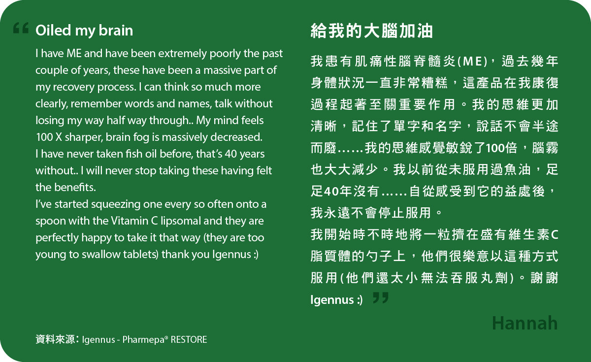 給我的大腦加油！我患有肌痛性腦脊髓炎(ME)，過去幾年身體狀況一直非常糟糕，Pharmepa RESTORE在我康復過程起著至關重要作用。我的思維更加清晰，記住了單字和名字，說話不會半途而廢……我的思維感覺敏銳了100倍，腦霧也大大減少。我以前從未服用過魚油，足足40年沒有……自從感受到它的益處後，我永遠不會停止服用。