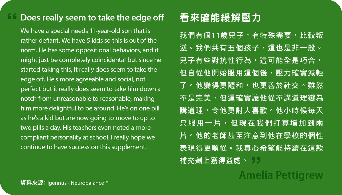 我們有個11歲兒子，有特殊需要，比較叛逆。我們共有五個孩子，這也是非一般。兒子有些對抗性行為，這可能全是巧合，但自從他開始服用Neurobalance後，壓力確實減輕了。他變得更隨和，也更善於社交。雖然不是完美，但這確實讓他從不講道理變為講道理，令他更討人喜歡。他小時候每天只服用一片，但現在我們打算增加到兩片。他的老師甚至注意到他在學校的個性表現得更順從。我真心希望能持續在這款補充劑上獲得益處。