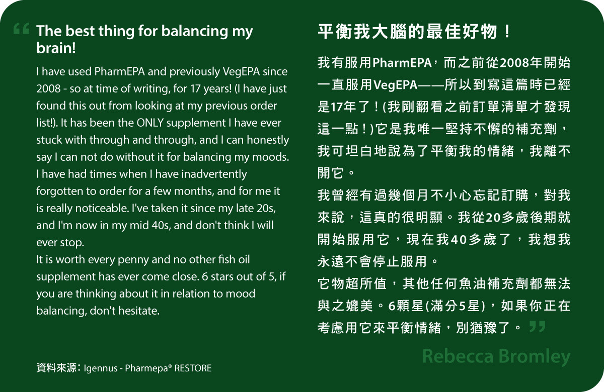 平衡我大腦的最佳好物！我有服用Pharmepa RESTORE，而之前從2008年開始一直服用VegEPA——所以到寫這篇時已經是17年了！(我剛翻看之前訂單清單才發現這一點！)。它是我唯一堅持不懈的補充劑，我可坦白地說為了平衡我的情緒，我離不開它。 我曾經有過幾個月不小心忘記訂購，對我來說，這真的很明顯。我從20多歲後期就開始服用它，現在我40多歲了，我想我永遠不會停止服用。 它物超所值，其他任何魚油補充劑都無法與之媲美。6顆星(滿分5星)，如果你正在考慮用它來平衡情緒，別猶豫了。