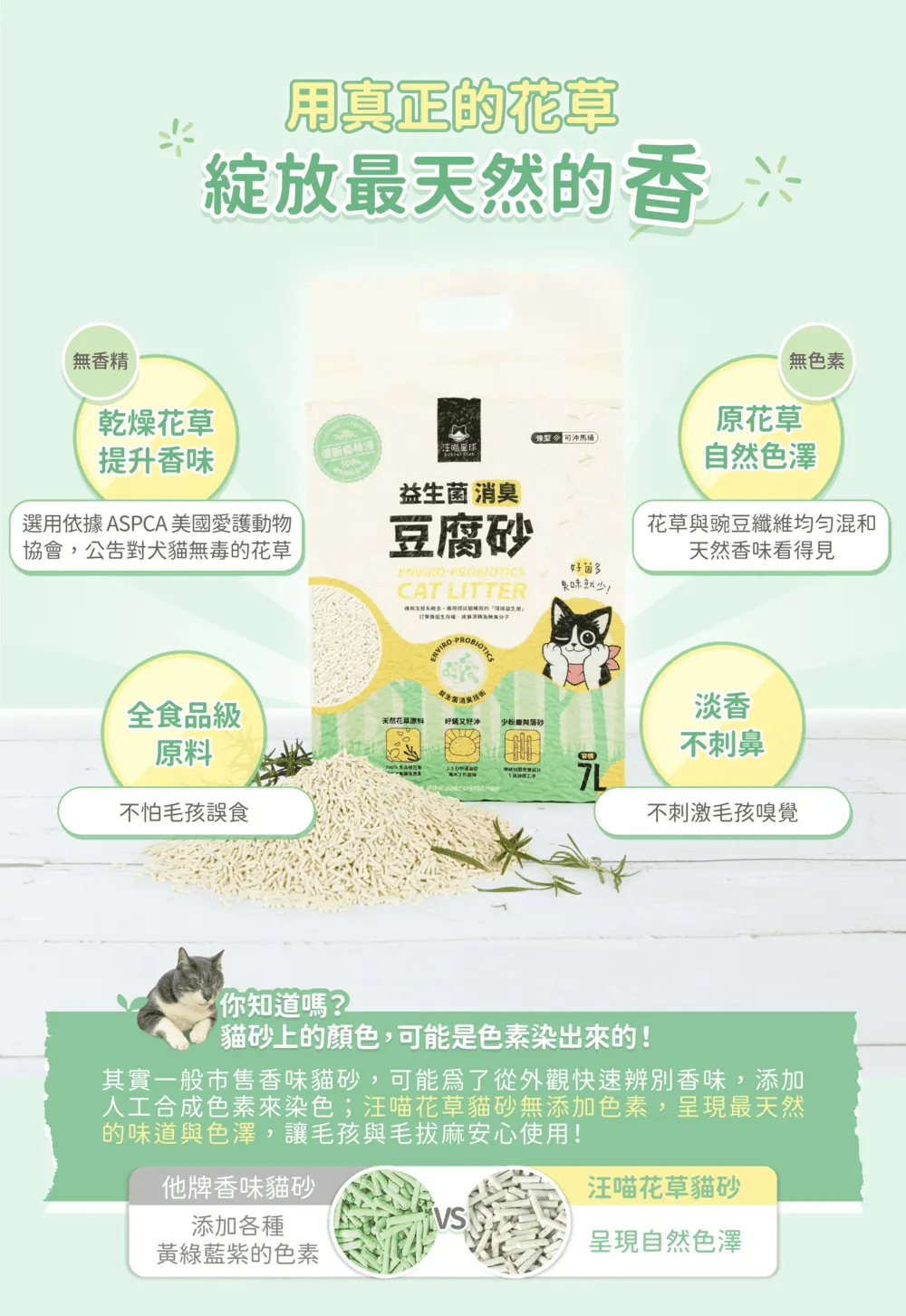 用真正的花草綻放最天然的香無香精無色素乾燥花草原花草 提升香味森林 星球100自然色澤益生 消臭選用依據ASPCA 美國愛護動物協會,公告對犬貓無毒的花草豆腐 PROBIOTICSCAT LITTER花草豌豆纖維混和天然香味看得見菌全食品級淡香天然花草原料 與砂原料不刺鼻不怕毛孩誤食不刺激毛孩嗅覺你知道?貓砂上的顏色,可能是色素染出的!其實一般市售香味貓砂,可能從外觀快速辨別香味,添加人工合成色素來染色;汪喵花草貓砂無添加色素,呈現最天然的味道與色澤,讓毛孩與毛拔麻安心使用!他牌香味貓砂添加各種黃綠藍紫的色素汪喵花草貓砂呈現自然色澤