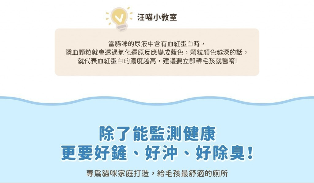 汪喵小教室當貓咪的尿液中含有血紅蛋白時,隱血顆粒就會透過氧化還原反應變成藍色,顆粒顏色越深的話,就代表血紅蛋白的濃度越高,建議要帶毛孩就醫唷!除了能監測健康更要好鏟、好沖、好除臭!專貓咪家庭打造,給毛孩最舒適的廁所