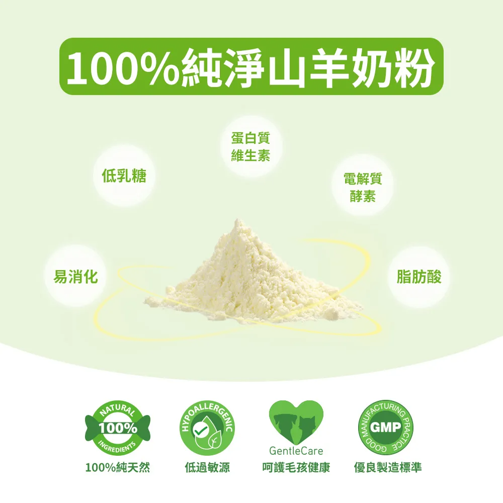 100%純淨山羊奶粉易消化蛋白質維生素低乳糖電解質酵素脂肪酸NATURAL100%GMPINGREDIENTSG PRGentleCare100%純天然低過敏源呵護毛孩健康 優良製造標準