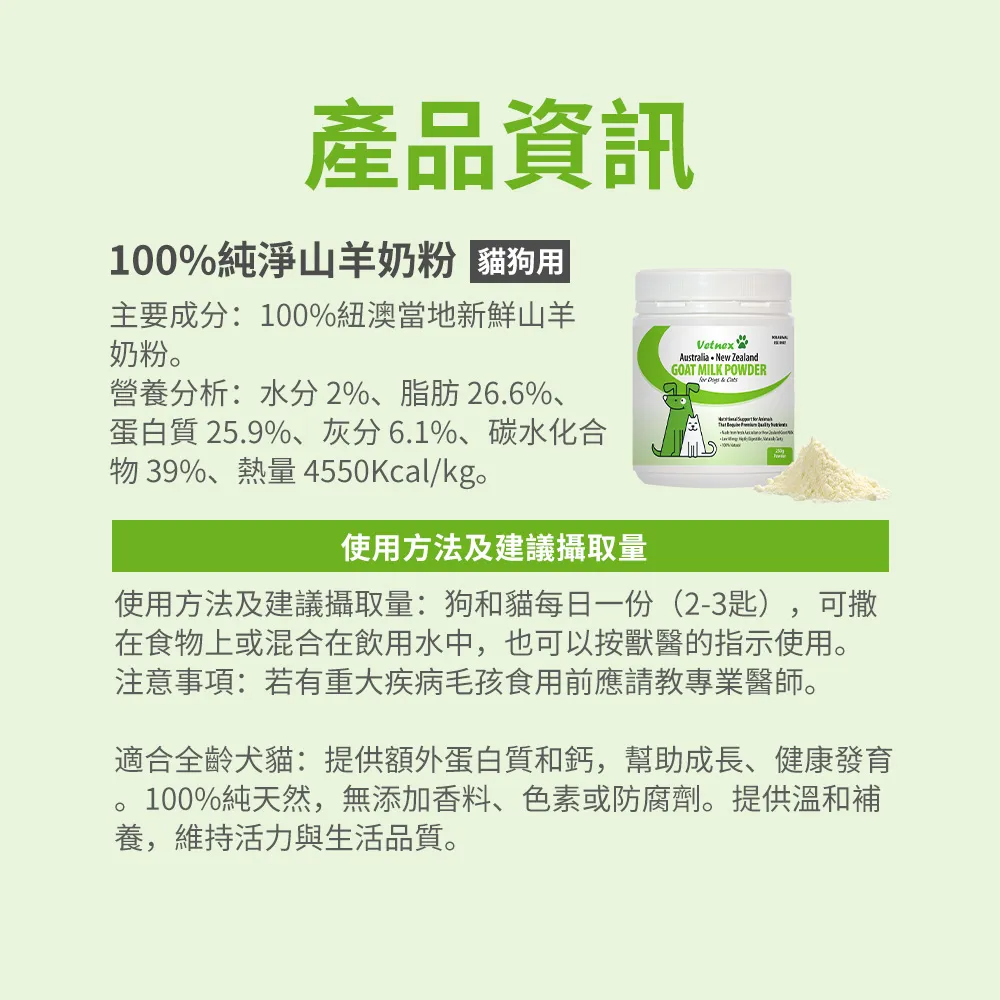 產品資訊100%純淨山羊奶粉 貓狗用主要成分:100%紐澳當地新鮮山羊奶粉營養分析:水分2%、脂肪26.6%、蛋白質 25.9%、灰分6.1%、碳水化合物 39%、熱量 4550Kcal/kg使用方法及建議攝取量Australia New ZealandGOAT MILK POWDER   使用方法及建議攝取量:狗和貓每日一份(2-3匙) 可撒在食物上或混合在飲用水中,也可以按獸醫的指示使用。注意事項:若有重大疾病毛孩食用前應請教專業醫師。適合全齡犬貓:提供額外蛋白質和鈣,幫助成長、健康發育。100%純天然,無添加香料、色素或防腐劑。提供溫和補養,維持活力與生活品質。