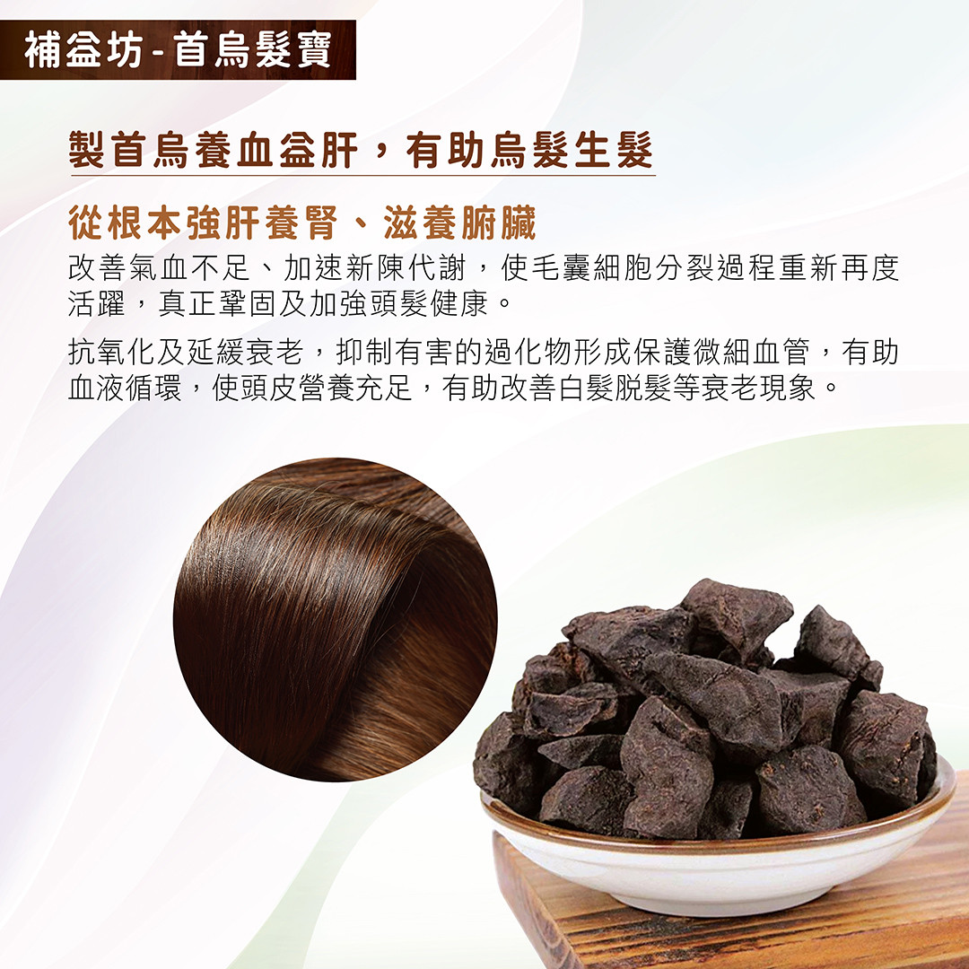 製首烏主治血虛、肝腎精血虧虛。能補血養肝，益精固腎，烏鬚髮，強筋骨。治血虛萎黃、失眠健忘等。跟據藥理指蘊含多種重要的微量元素，當中以鐵量最為豐富。從根本強化肝腎功能、滋養臟腑，從而改善氣血不足、調節分泌、加速新陳代謝，使毛囊細胞分裂過程再度活躍，真正鞏固及加強頭髮健康。 另一方面，製首烏也有抗氧化及延緩衰老的功效，可抑制有害的過氧化物形成，保護微細血管，有助血液循環，使頭皮營養充足，促進頭髮黑色素形成及頭髮生長，有助改善白髮脫髮等衰老現象。