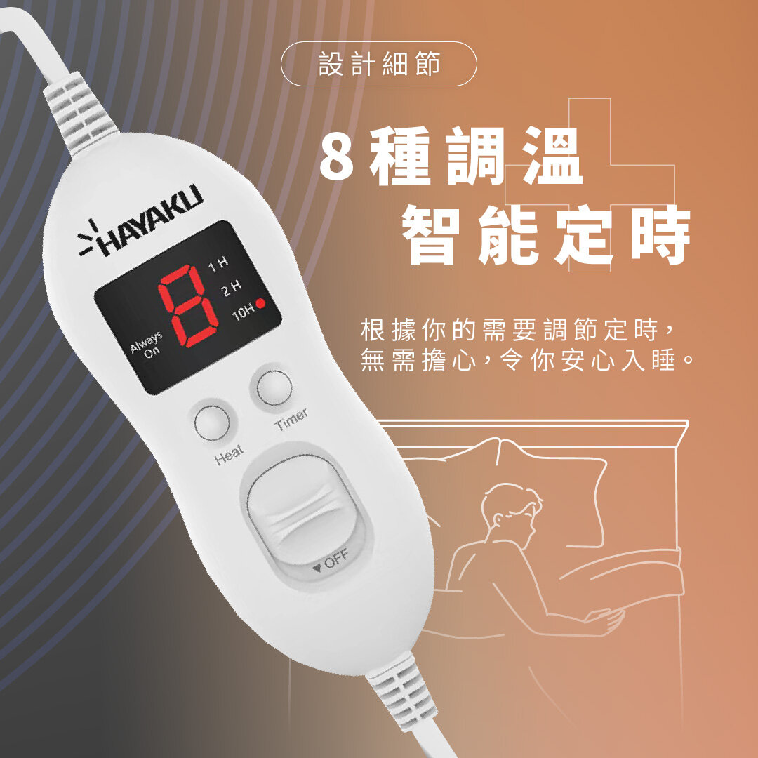 Hayaku 法蘭絨恆溫單人電暖墊 | 8個可調溫度 | 香港行貨產品介紹圖Outlet Express生活百貨城
